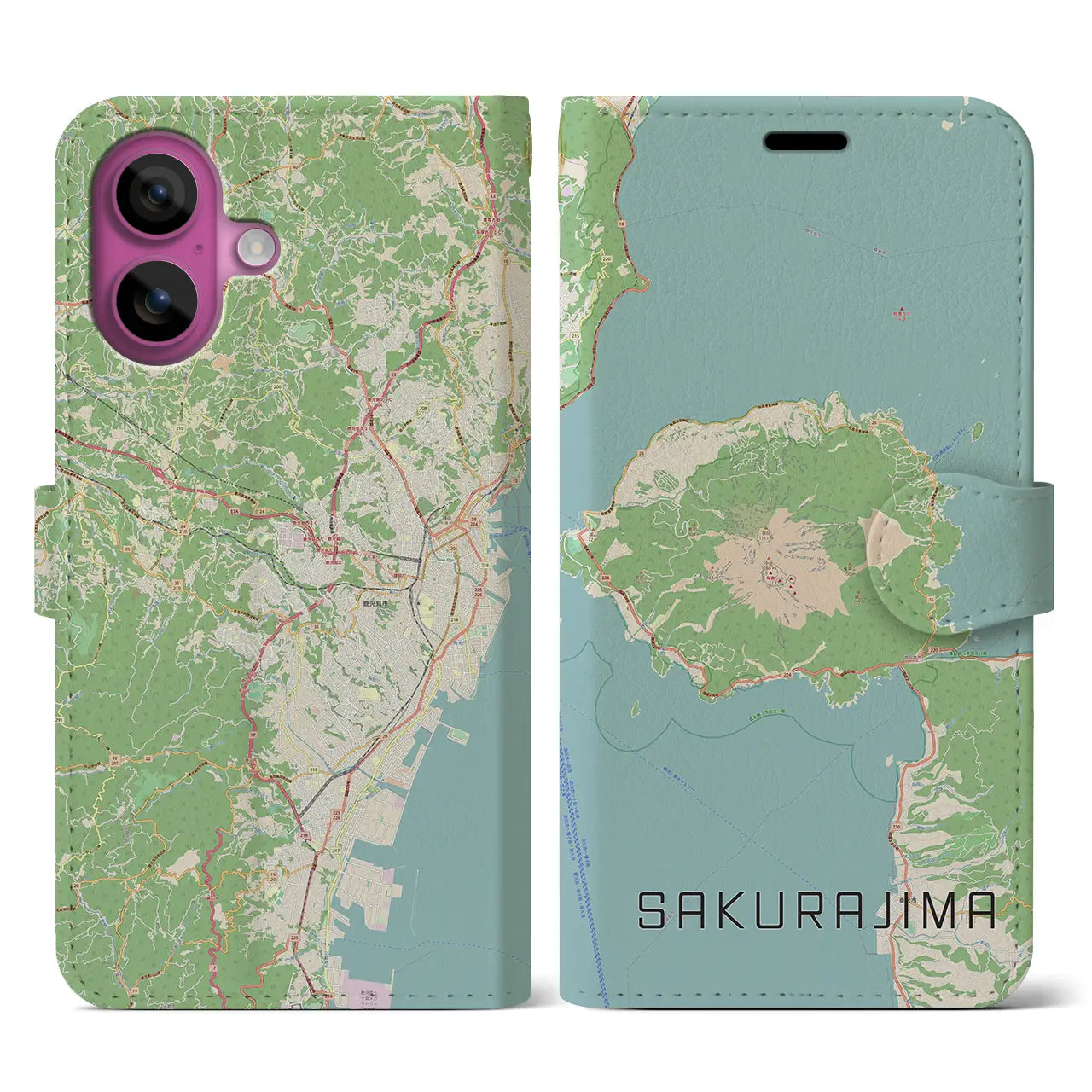 【桜島（鹿児島県）】地図柄iPhoneケース（手帳タイプ）ナチュラル・iPhone 16 Pro 用