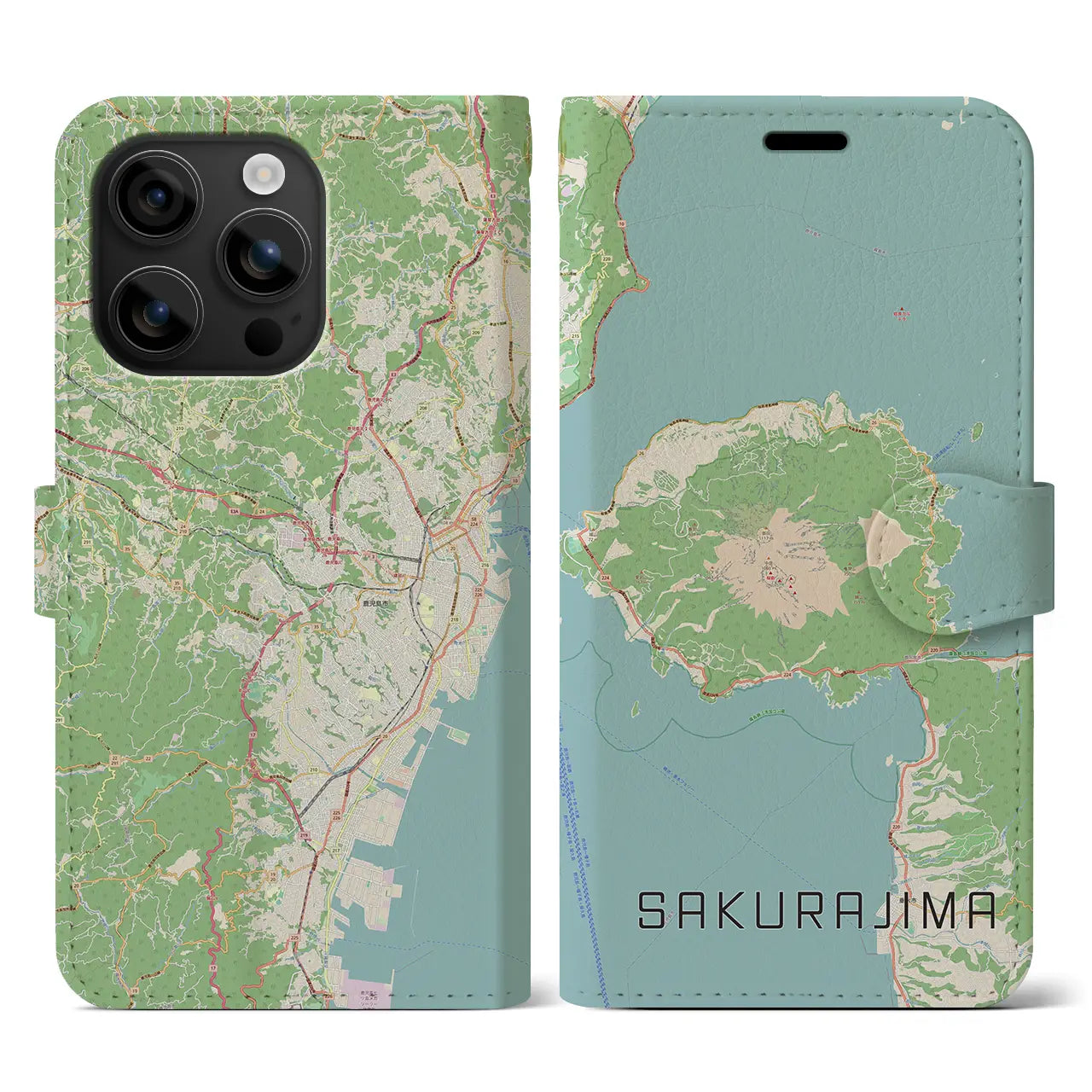 【桜島（鹿児島県）】地図柄iPhoneケース（手帳タイプ）ナチュラル・iPhone 16 用