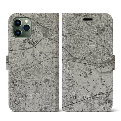 【桜上水（東京都）】地図柄iPhoneケース（手帳タイプ）モノトーン・iPhone 11 Pro 用