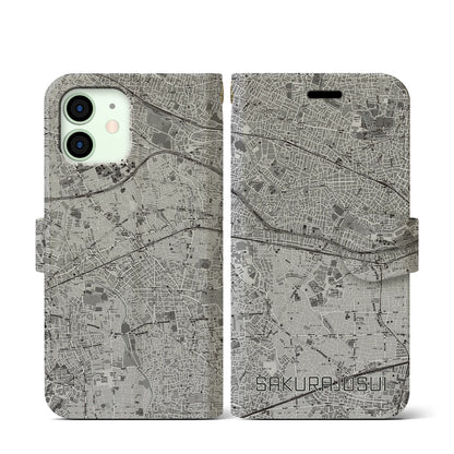 【桜上水（東京都）】地図柄iPhoneケース（手帳タイプ）モノトーン・iPhone 12 mini 用