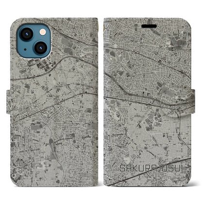 【桜上水（東京都）】地図柄iPhoneケース（手帳タイプ）モノトーン・iPhone 13 用
