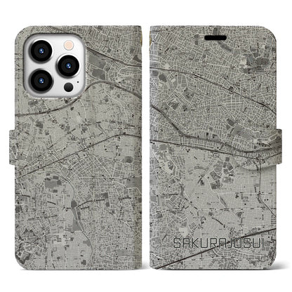 【桜上水（東京都）】地図柄iPhoneケース（手帳タイプ）モノトーン・iPhone 13 Pro 用