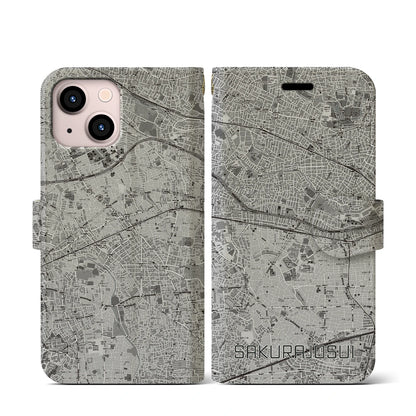 【桜上水（東京都）】地図柄iPhoneケース（手帳タイプ）モノトーン・iPhone 13 mini 用