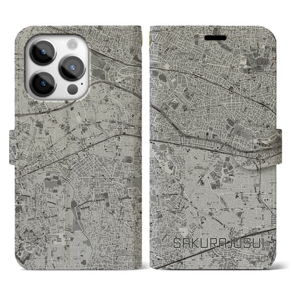 【桜上水（東京都）】地図柄iPhoneケース（手帳タイプ）モノトーン・iPhone 14 Pro 用