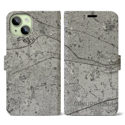 【桜上水（東京都）】地図柄iPhoneケース（手帳タイプ）モノトーン・iPhone 15 用