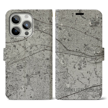 【桜上水（東京都）】地図柄iPhoneケース（手帳タイプ）モノトーン・iPhone 15 Pro 用