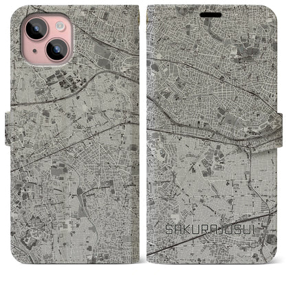 【桜上水（東京都）】地図柄iPhoneケース（手帳タイプ）モノトーン・iPhone 15 Plus 用
