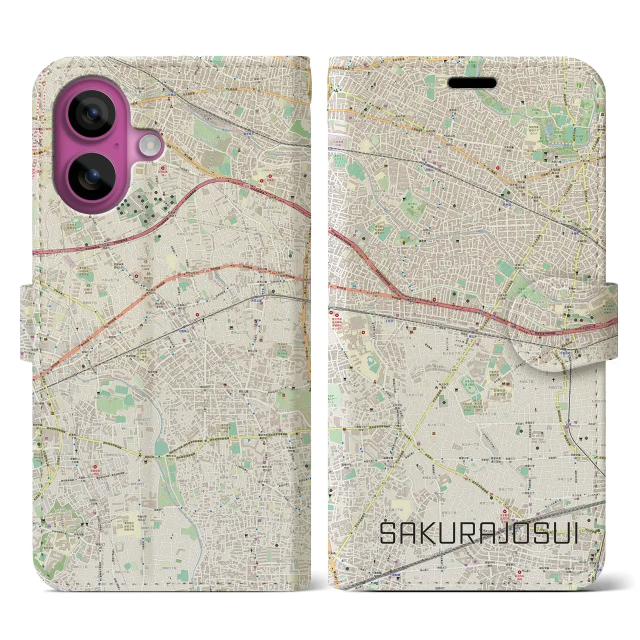 【桜上水（東京都）】地図柄iPhoneケース（手帳タイプ）ナチュラル・iPhone 16 Pro 用