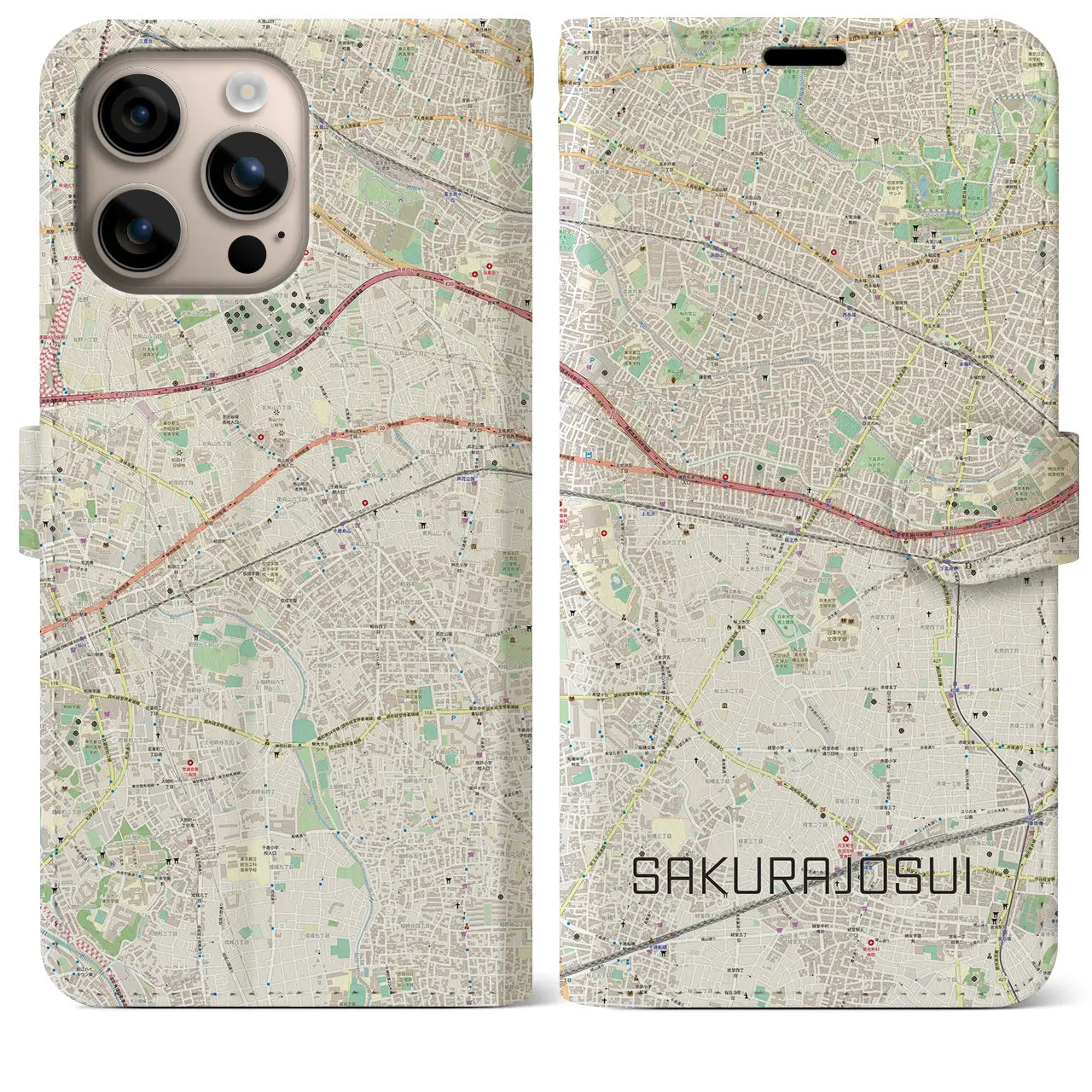 【桜上水（東京都）】地図柄iPhoneケース（手帳タイプ）ナチュラル・iPhone 16 Plus 用