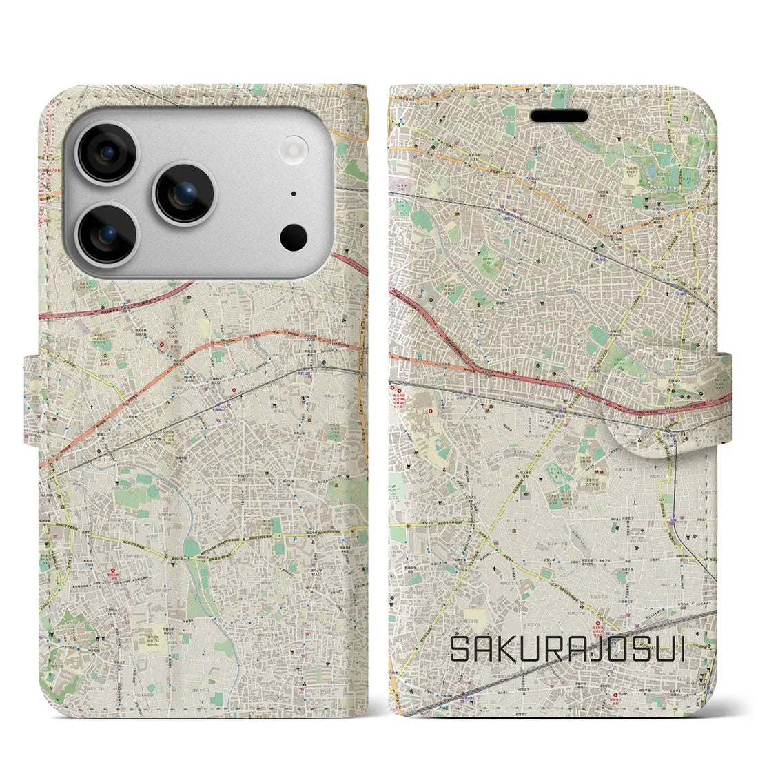 【桜上水（東京都）】地図柄iPhoneケース（手帳タイプ）ナチュラル・iPhone 17 Pro Max 用