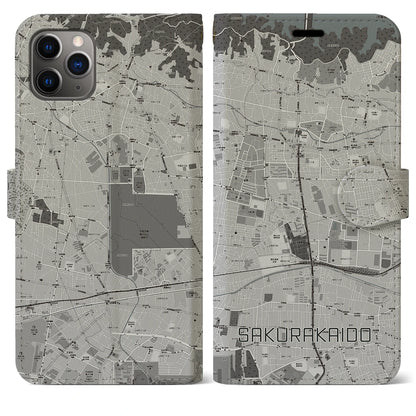 【桜街道（東京都）】地図柄iPhoneケース（手帳タイプ）モノトーン・iPhone 11 Pro Max 用