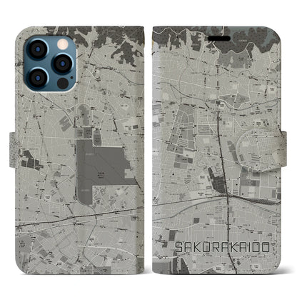 【桜街道（東京都）】地図柄iPhoneケース（手帳タイプ）モノトーン・iPhone 12 / 12 Pro 用