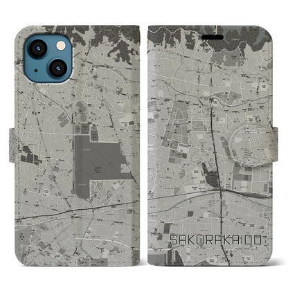 【桜街道（東京都）】地図柄iPhoneケース（手帳タイプ）モノトーン・iPhone 13 用