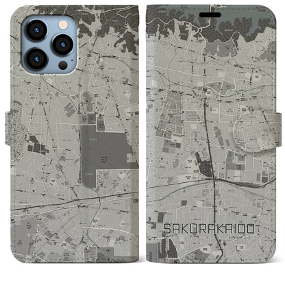 【桜街道（東京都）】地図柄iPhoneケース（手帳タイプ）モノトーン・iPhone 13 Pro Max 用