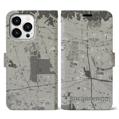 【桜街道（東京都）】地図柄iPhoneケース（手帳タイプ）モノトーン・iPhone 13 Pro 用