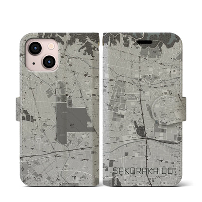 【桜街道（東京都）】地図柄iPhoneケース（手帳タイプ）モノトーン・iPhone 13 mini 用