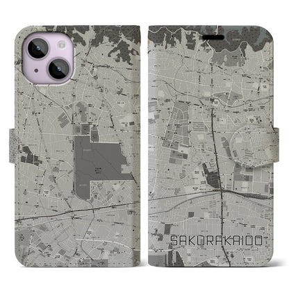 【桜街道（東京都）】地図柄iPhoneケース（手帳タイプ）モノトーン・iPhone 14 用