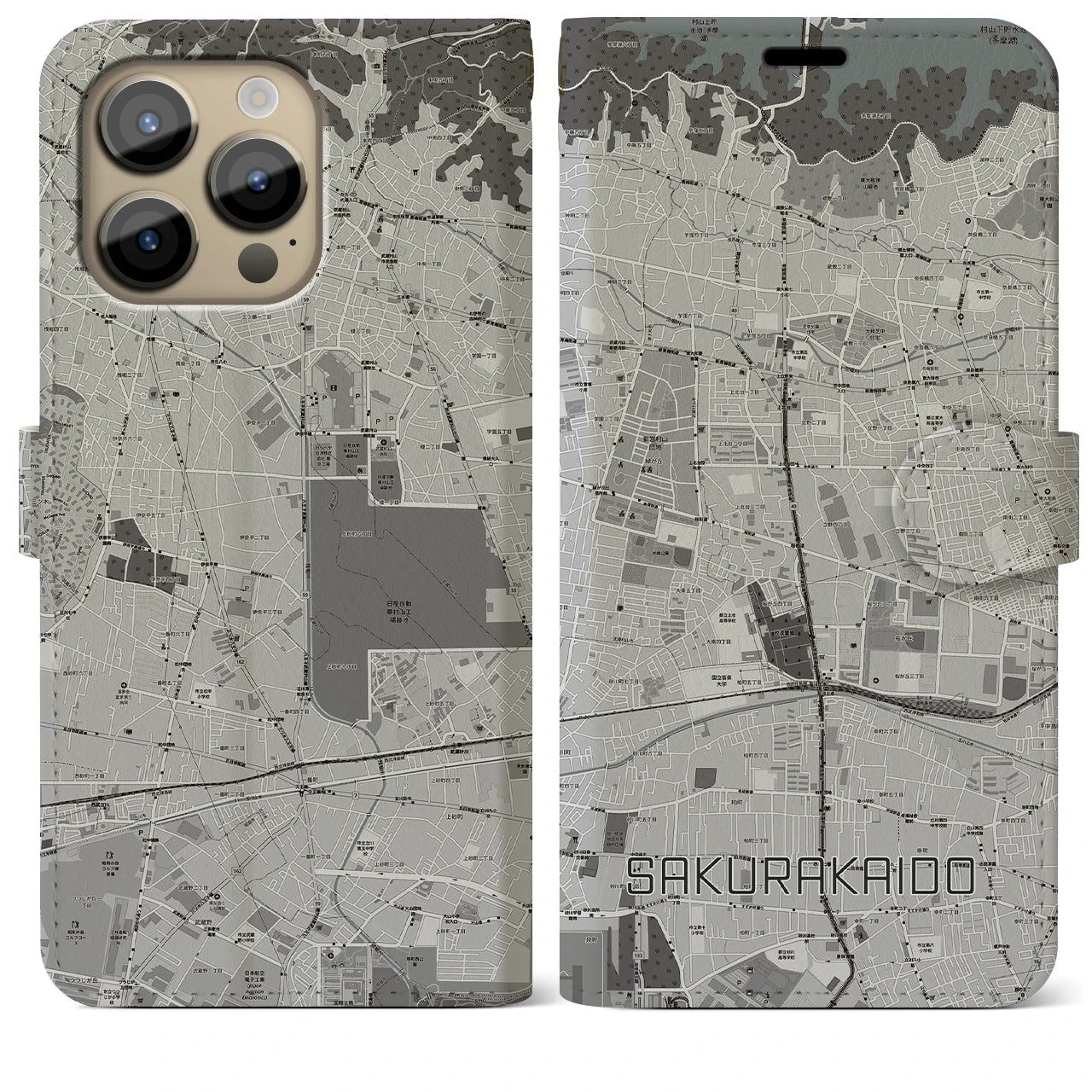 【桜街道】地図柄iPhoneケース（手帳両面タイプ・モノトーン）iPhone 14 Pro Max 用