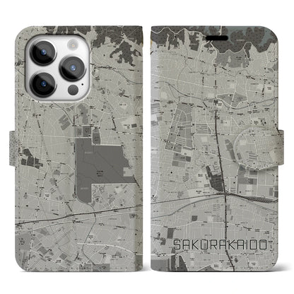 【桜街道（東京都）】地図柄iPhoneケース（手帳タイプ）モノトーン・iPhone 14 Pro 用