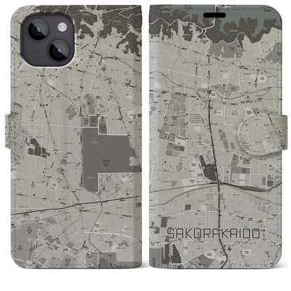 【桜街道（東京都）】地図柄iPhoneケース（手帳タイプ）モノトーン・iPhone 14 Plus 用