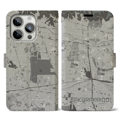 【桜街道（東京都）】地図柄iPhoneケース（手帳タイプ）モノトーン・iPhone 15 Pro 用