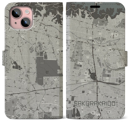【桜街道（東京都）】地図柄iPhoneケース（手帳タイプ）モノトーン・iPhone 15 Plus 用