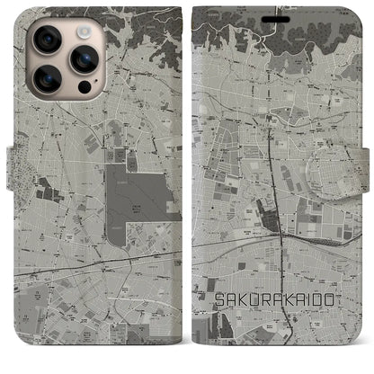 【桜街道（東京都）】地図柄iPhoneケース（手帳タイプ）モノトーン・iPhone 16 Plus 用