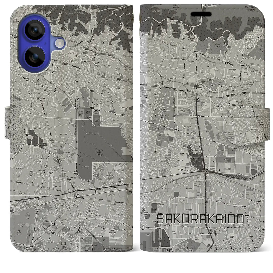 【桜街道(東京都)】地図柄iPhoneケース(手帳タイプ)モノトーン・iPhone 16 Pro Max 用