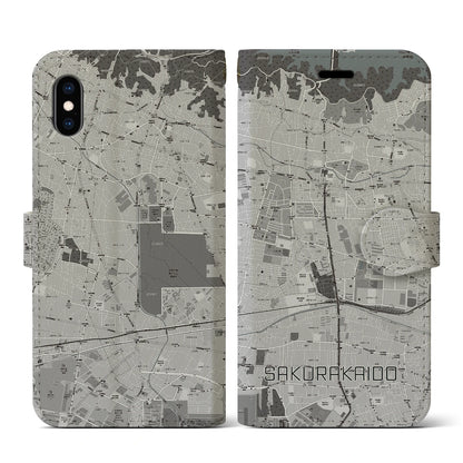【桜街道（東京都）】地図柄iPhoneケース（手帳タイプ）モノトーン・iPhone XS / X 用