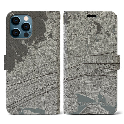 【さくら夙川（兵庫県）】地図柄iPhoneケース（手帳タイプ）モノトーン・iPhone 12 / 12 Pro 用
