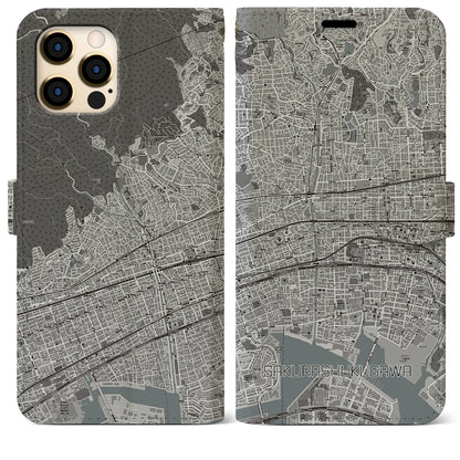 【さくら夙川（兵庫県）】地図柄iPhoneケース（手帳タイプ）モノトーン・iPhone 12 Pro Max 用