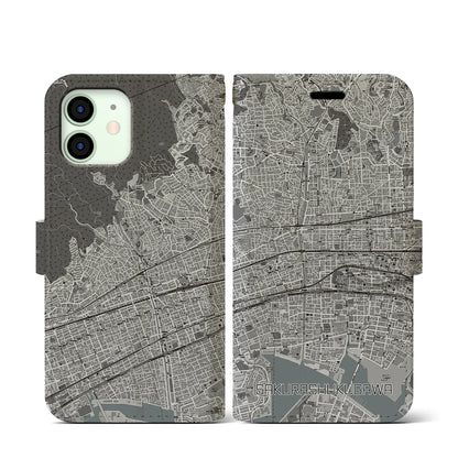 【さくら夙川（兵庫県）】地図柄iPhoneケース（手帳タイプ）モノトーン・iPhone 12 mini 用
