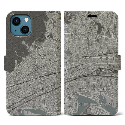 【さくら夙川（兵庫県）】地図柄iPhoneケース（手帳タイプ）モノトーン・iPhone 13 用