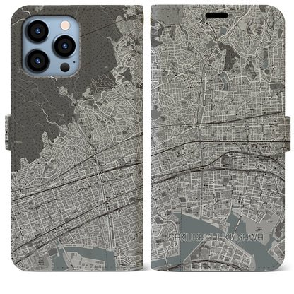 【さくら夙川（兵庫県）】地図柄iPhoneケース（手帳タイプ）モノトーン・iPhone 13 Pro Max 用