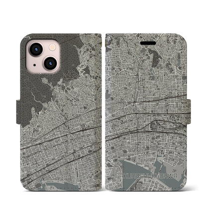 【さくら夙川（兵庫県）】地図柄iPhoneケース（手帳タイプ）モノトーン・iPhone 13 mini 用
