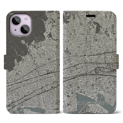【さくら夙川（兵庫県）】地図柄iPhoneケース（手帳タイプ）モノトーン・iPhone 14 用