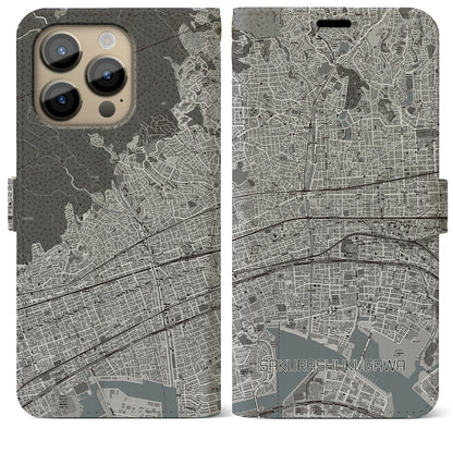 【さくら夙川（兵庫県）】地図柄iPhoneケース（手帳タイプ）モノトーン・iPhone 14 Pro Max 用