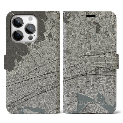 【さくら夙川（兵庫県）】地図柄iPhoneケース（手帳タイプ）モノトーン・iPhone 14 Pro 用