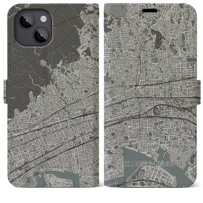 【さくら夙川（兵庫県）】地図柄iPhoneケース（手帳タイプ）モノトーン・iPhone 14 Plus 用