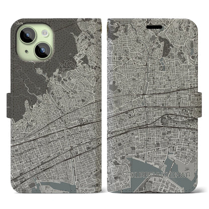【さくら夙川（兵庫県）】地図柄iPhoneケース（手帳タイプ）モノトーン・iPhone 15 用