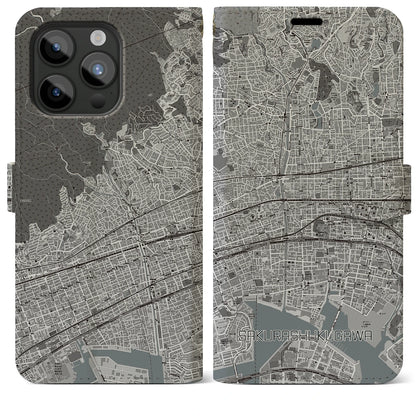 【さくら夙川（兵庫県）】地図柄iPhoneケース（手帳タイプ）モノトーン・iPhone 15 Pro Max 用