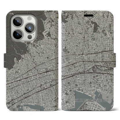 【さくら夙川（兵庫県）】地図柄iPhoneケース（手帳タイプ）モノトーン・iPhone 15 Pro 用