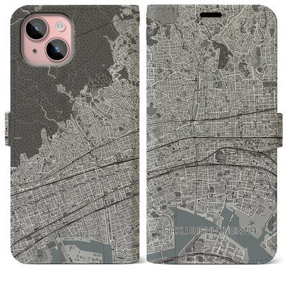 【さくら夙川（兵庫県）】地図柄iPhoneケース（手帳タイプ）モノトーン・iPhone 15 Plus 用