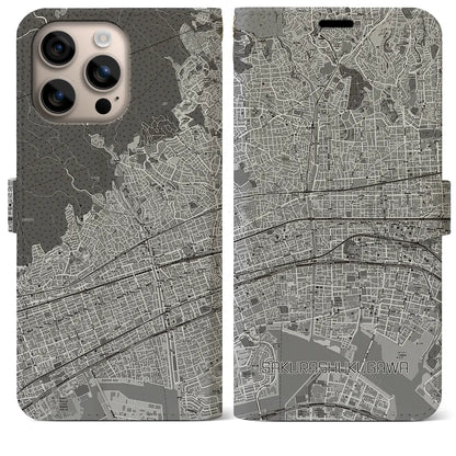 【さくら夙川（兵庫県）】地図柄iPhoneケース（手帳タイプ）モノトーン・iPhone 16 Plus 用