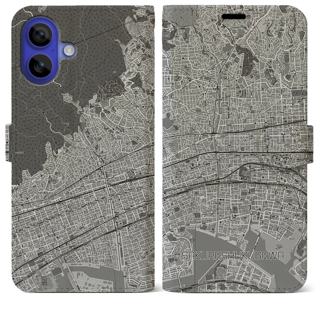 【さくら夙川(兵庫県)】地図柄iPhoneケース(手帳タイプ)モノトーン・iPhone 16 Pro Max 用