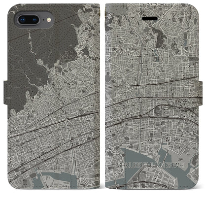 【さくら夙川（兵庫県）】地図柄iPhoneケース（手帳タイプ）モノトーン・iPhone 8Plus /7Plus / 6sPlus / 6Plus 用