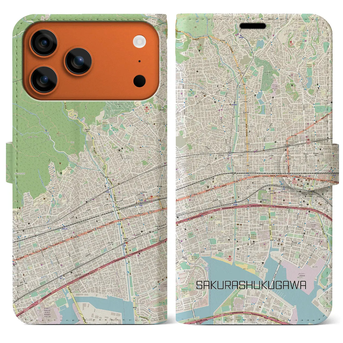 【さくら夙川（兵庫県）】地図柄iPhoneケース（手帳タイプ）ナチュラル・iPhone 17 Pro Max 用