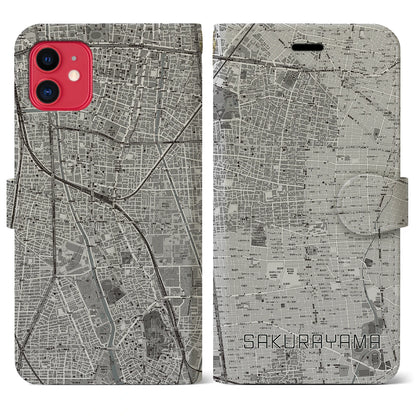 【桜山（愛知県）】地図柄iPhoneケース（手帳タイプ）モノトーン・iPhone 11 用