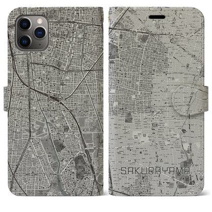 【桜山（愛知県）】地図柄iPhoneケース（手帳タイプ）モノトーン・iPhone 11 Pro Max 用