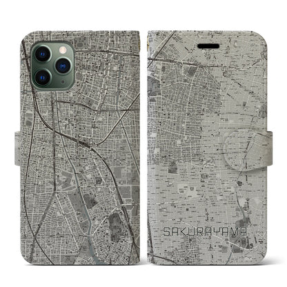 【桜山（愛知県）】地図柄iPhoneケース（手帳タイプ）モノトーン・iPhone 11 Pro 用